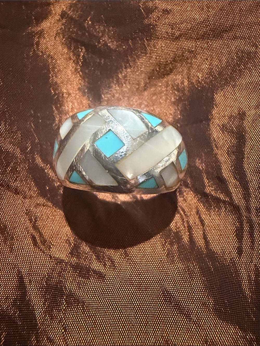 Turquoise and Mother of Pearl Inlay sterling silver Dome Ring